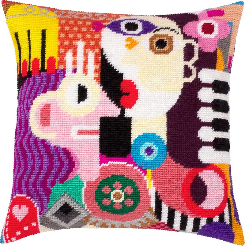 Brvsk Abstract Stamped Cross-Stitch Kit for Adults and Beginners — Vivid Women in Abstract 16″ × 16″ with Clear, Precise Printed Design on Cotton Canvas; Includes 2 Needles, Yarn, and Easy-Read Chart - Image 1